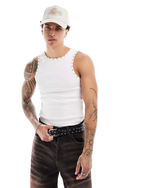 COLLUSION notch neck hot fix stud detail tank top in white - view 1