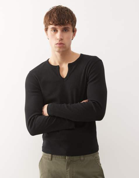 COLLUSION Notch neck muscle fit long sleeve henley t-shirt in black