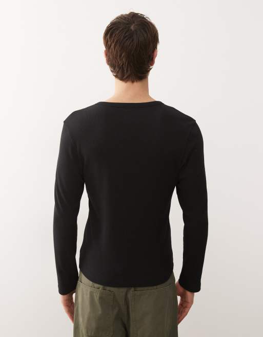 COLLUSION notch neck muscle fit long sleeve henley t-shirt in black, 3 of 5