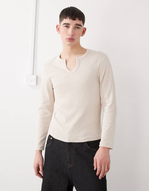 COLLUSION notch neck muscle fit long sleeve henley t-shirt in oatmeal