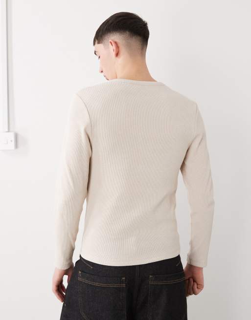 COLLUSION notch neck muscle fit long sleeve henley t-shirt in oatmeal, 3 of 5