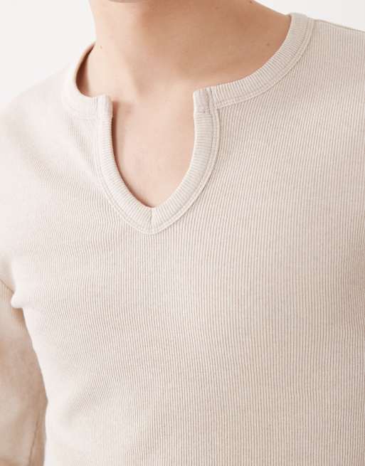 COLLUSION notch neck muscle fit long sleeve henley t-shirt in oatmeal, 5 of 5