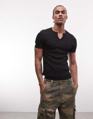Collusion Notch Neck Short Sleeve T-shirt In Black