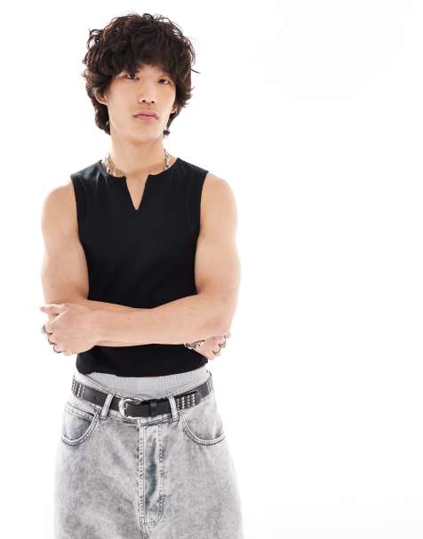COLLUSION notch neck singlet in black - view 1