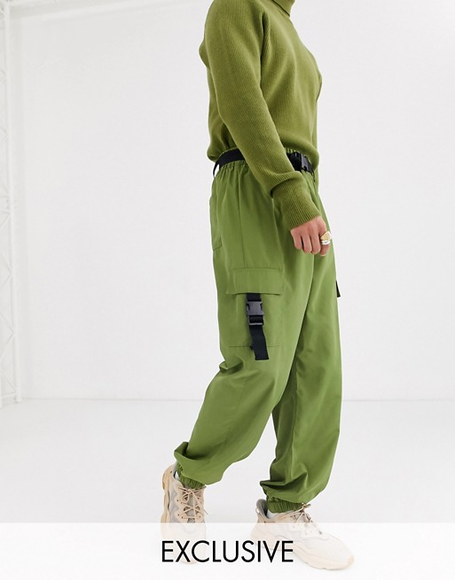 COLLUSION nylon cargo trouser with buckles