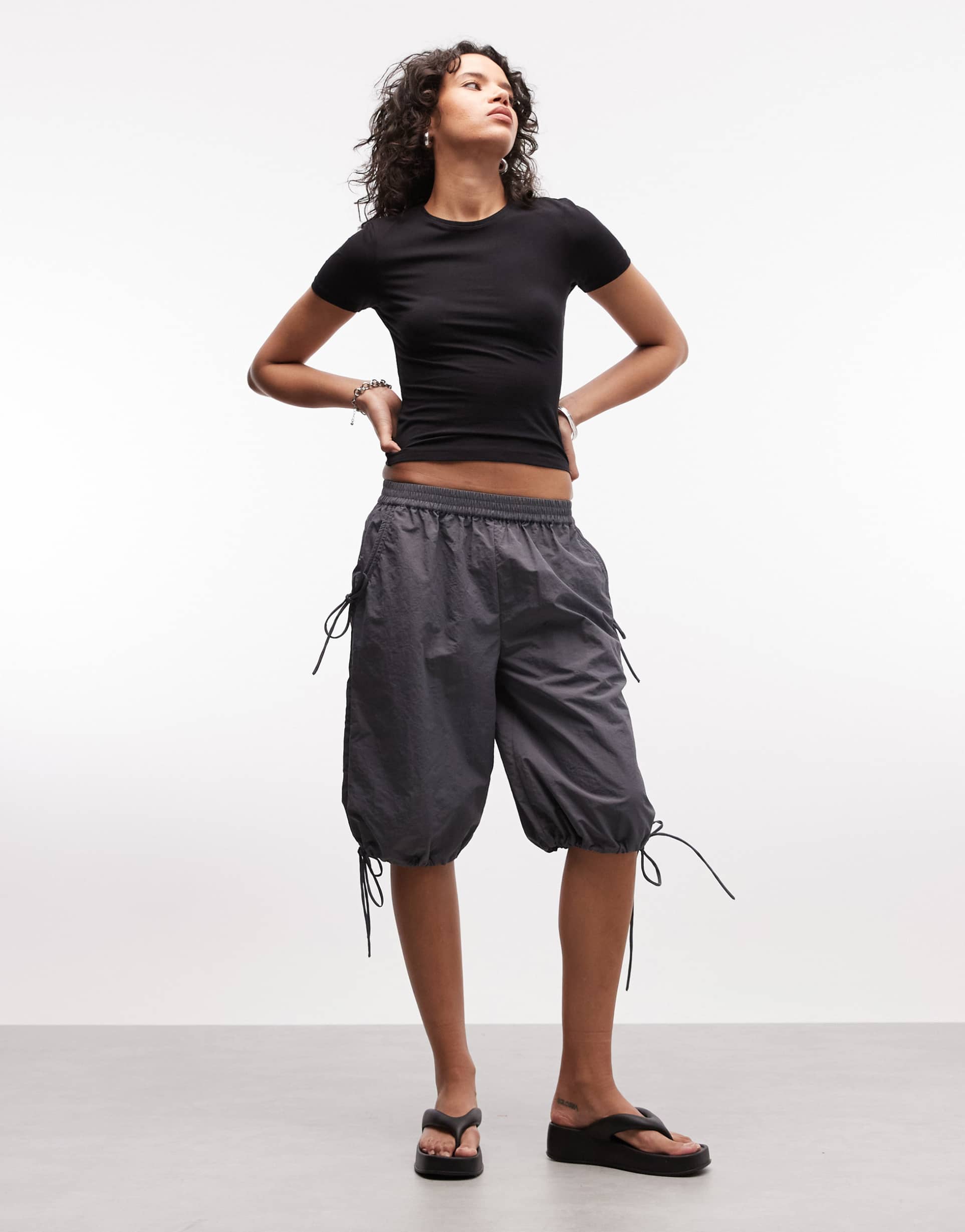 collusion nylon channel longline shorts in gray