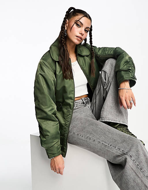 COLLUSION nylon jacket with with fitted waist in khaki | ASOS