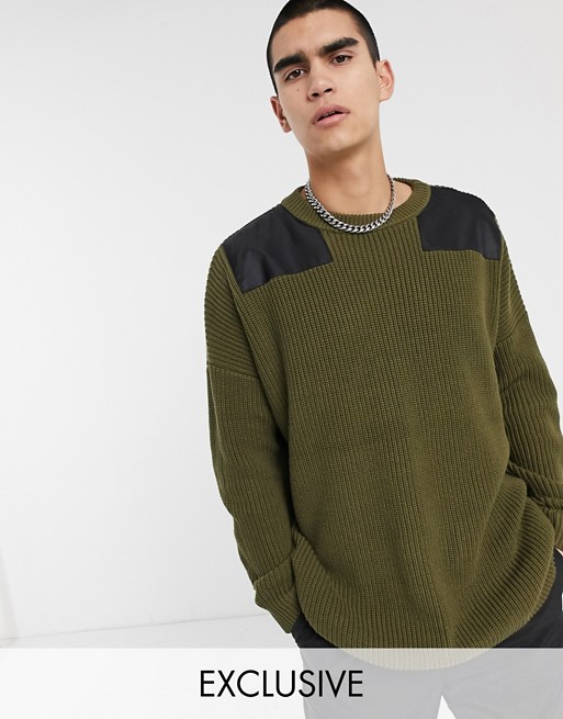 COLLUSION jumper with nylon shoulder patches in khaki