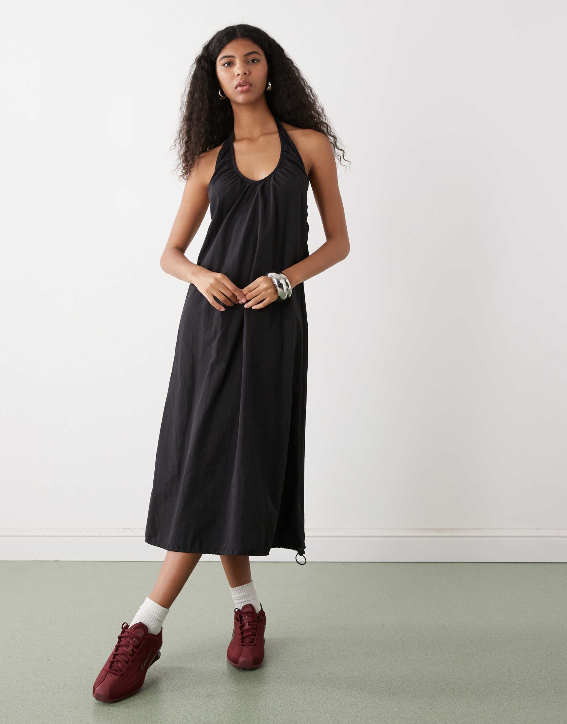 collusion nylon ruched volume halter midi dress in black