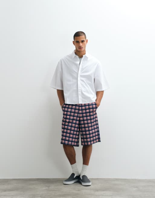 COLLUSION nylon shorts in blue and red plaid, 3 of 5