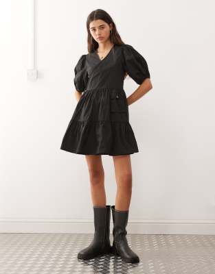 Collusion Nylon Smock Mini Dress With Pocket Detail In Black