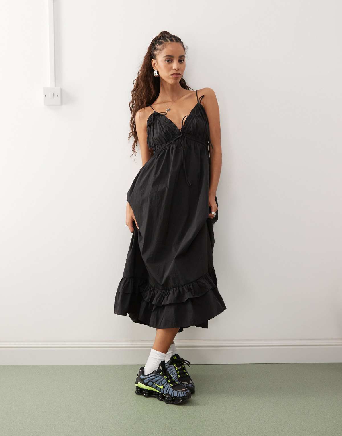 COLLUSION nylon volume frill hem cami strap midi dress in black
