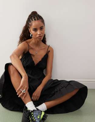 Collusion Nylon Volume Frill Hem Cami Strap Midi Dress