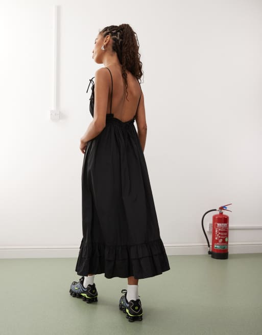 COLLUSION nylon volume frill hem cami strap midi dress in black, 3 of 4