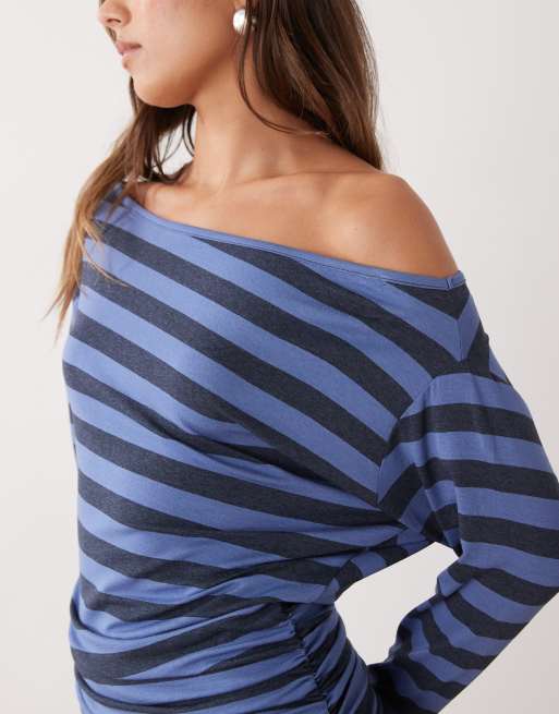 COLLUSION off shoulder cinched waist dress in blue stripe