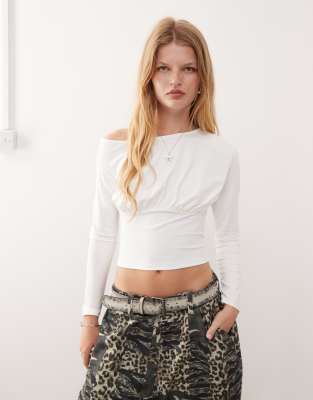 Collusion Off-shoulder Cinched Waist Long Sleeve Top In White