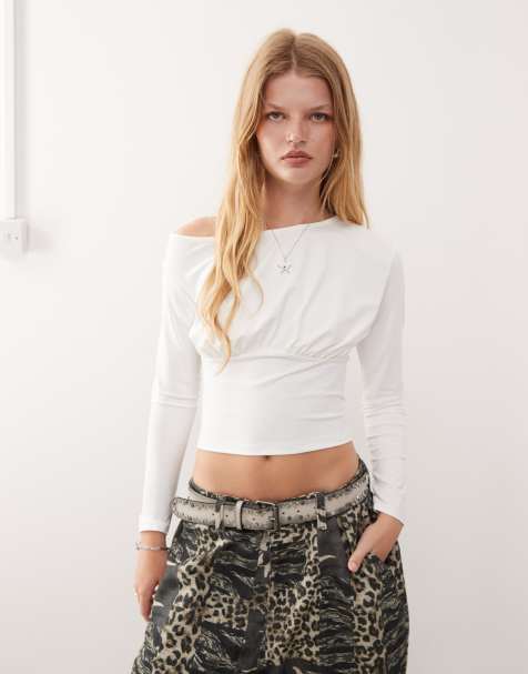 COLLUSION off shoulder cinched waist long sleeve top in white tissue mesh - view 1