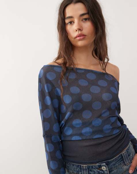 COLLUSION off shoulder cinched waist polka dot contrast top - view 1