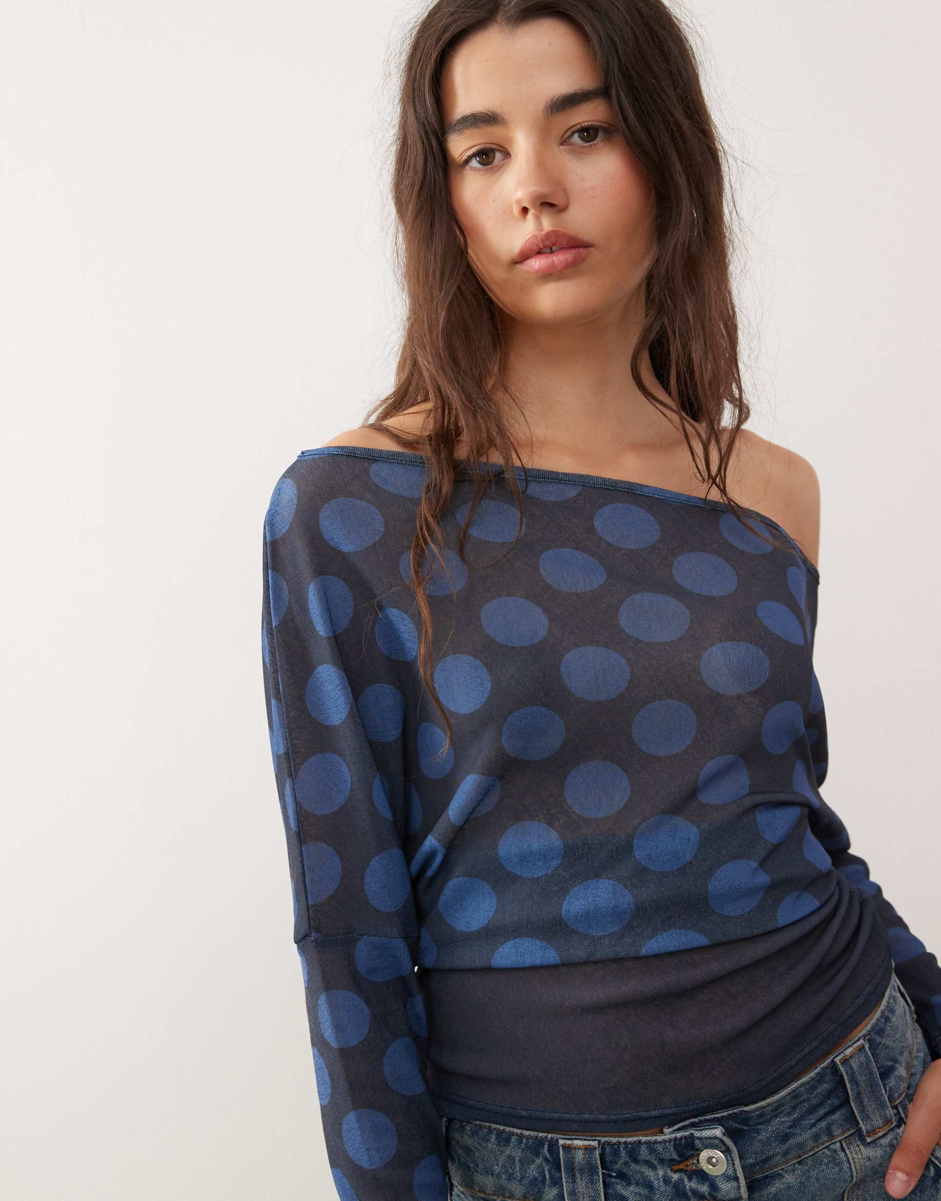 collusion off shoulder cinched waist polka dot contrast top