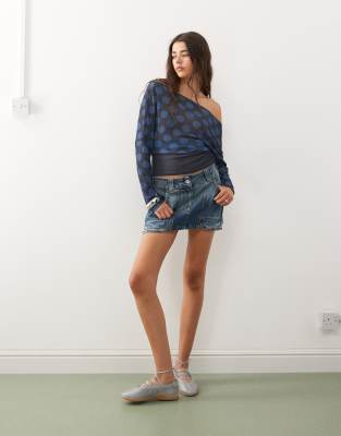 Collusion Off Shoulder Cinched Waist Polka Dot Contrast Top-blue In Blue