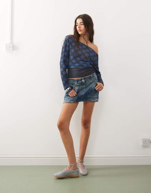 COLLUSION off shoulder cinched waist polka dot contrast top