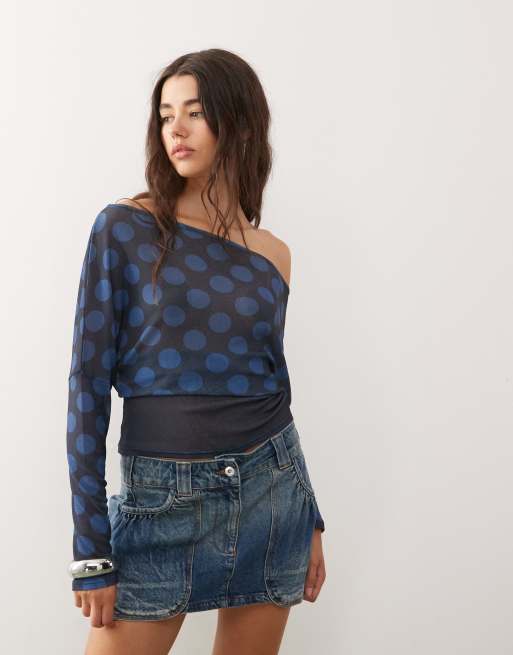 COLLUSION off shoulder cinched waist polka dot contrast top