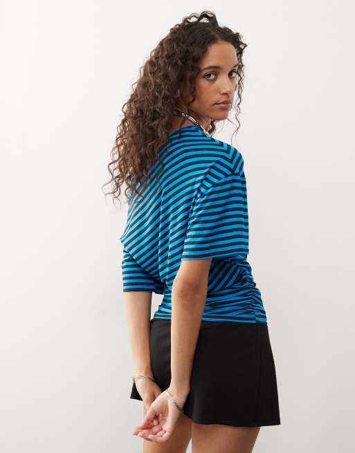 COLLUSION off shoulder drapey top in blue micro stripe