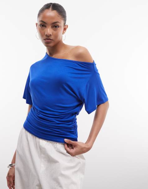 COLLUSION off shoulder drapey top in bright blue - view 1