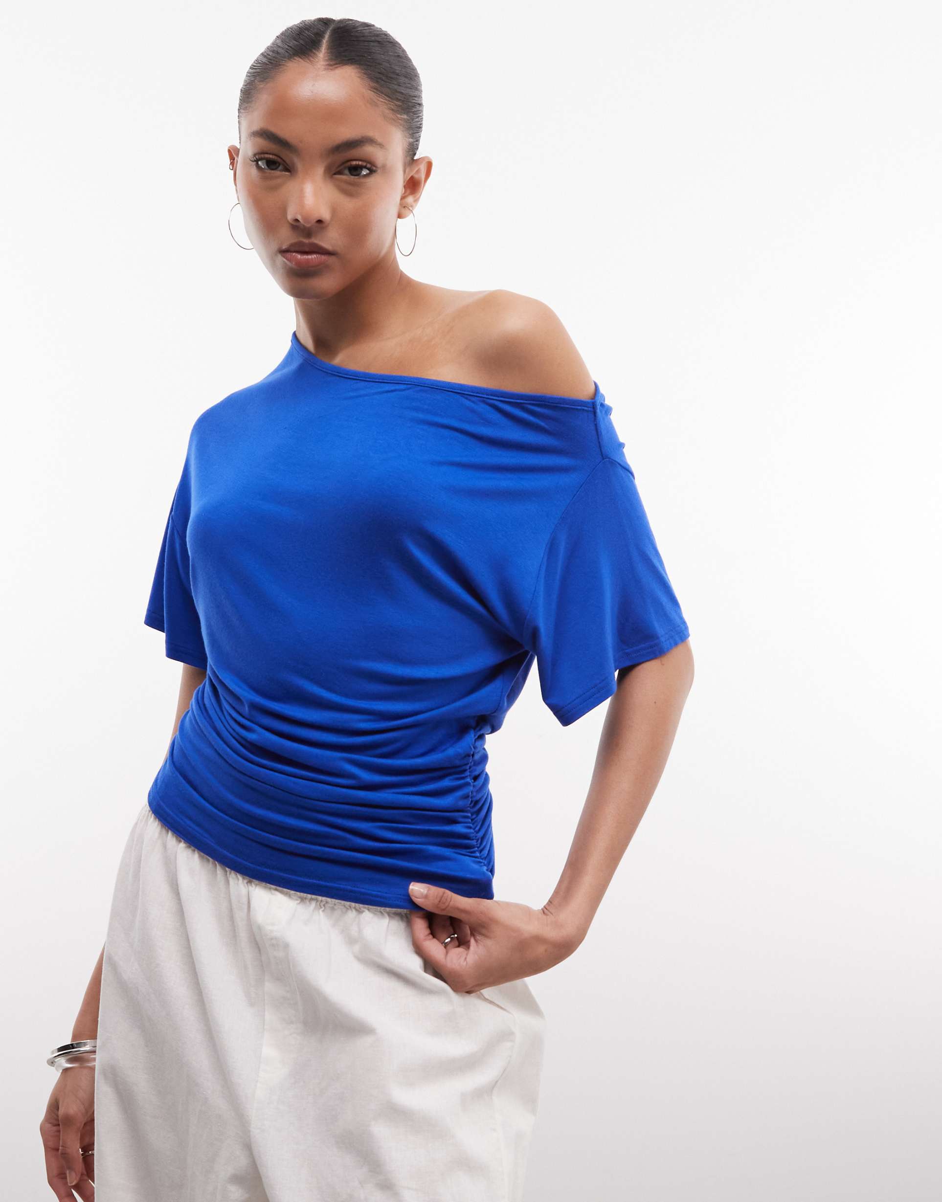 collusion off shoulder drapey top in bright blue