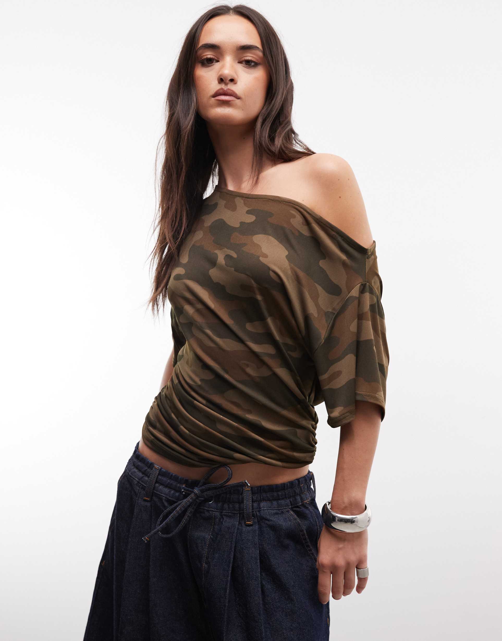 collusion off shoulder drapey top in camo print