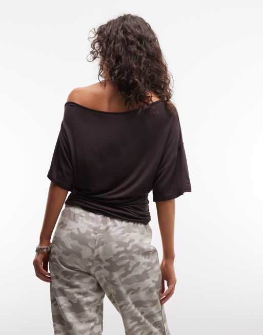 COLLUSION  off shoulder drapey top in chocolate, 3 of 4