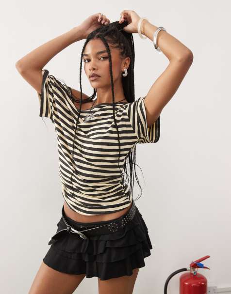 COLLUSION off shoulder drapey top in yellow micro stripe - view 1