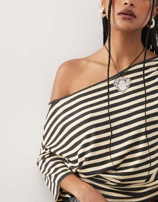 COLLUSION off the shoulder drapey top in yellow micro stripe