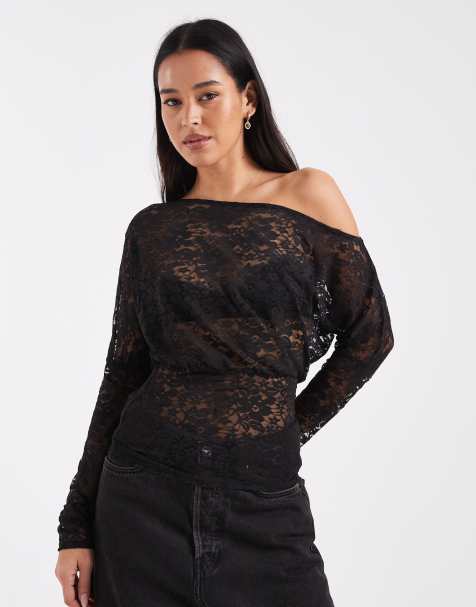 COLLUSION off shoulder fold over top in black lace