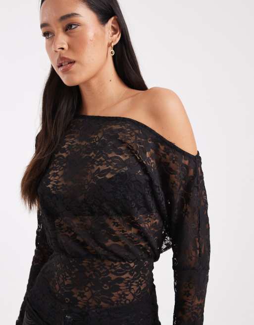 COLLUSION off shoulder fold over top in black lace, 3 of 4