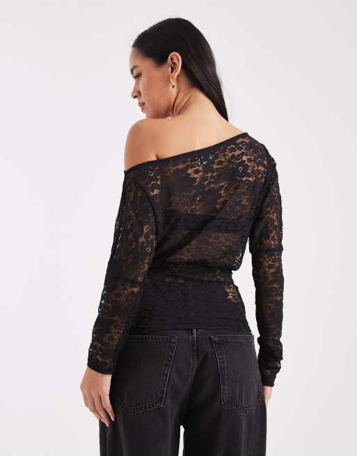 COLLUSION off shoulder fold over top in black lace, 4 of 4