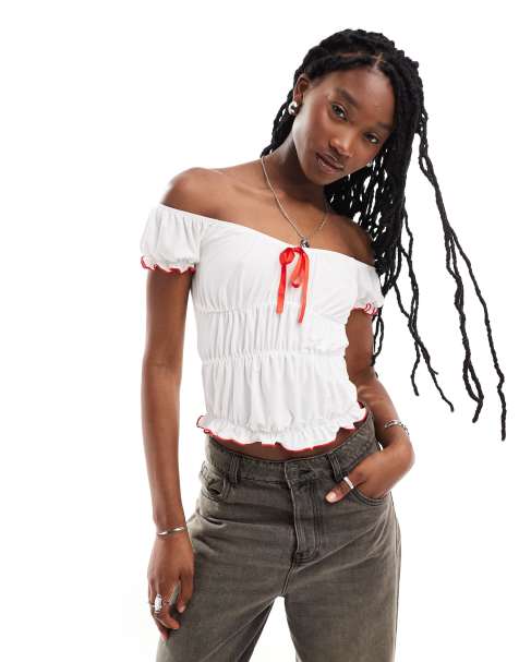 COLLUSION off shoulder gathered top with bow detail in cream - view 1