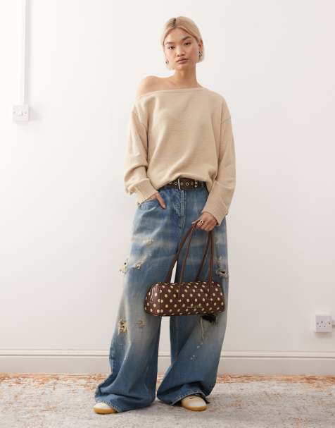 COLLUSION off shoulder knitted jumper in beige - view 1
