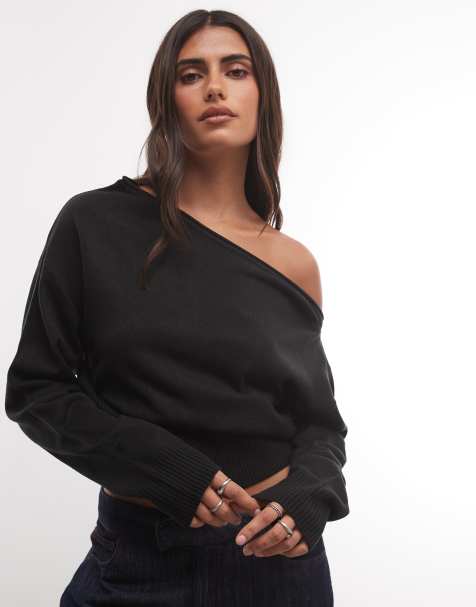 COLLUSION off shoulder knitted top in black - view 1