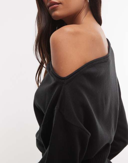 COLLUSION off shoulder knitted top in black, 3 of 4