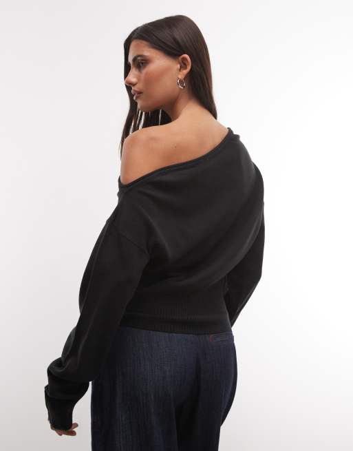 COLLUSION off shoulder knitted top in black, 4 of 4