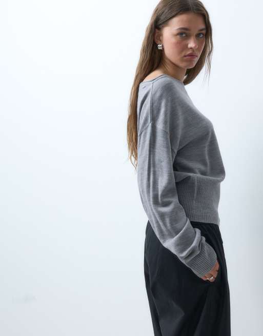 COLLUSION off shoulder knitted top in grey marl, 2 of 4
