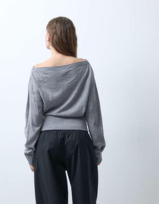 COLLUSION off shoulder knitted top in grey marl, 4 of 4