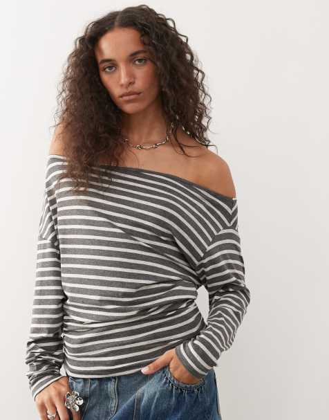 COLLUSION off shoulder long sleeve stripe t-shirt in grey - view 1