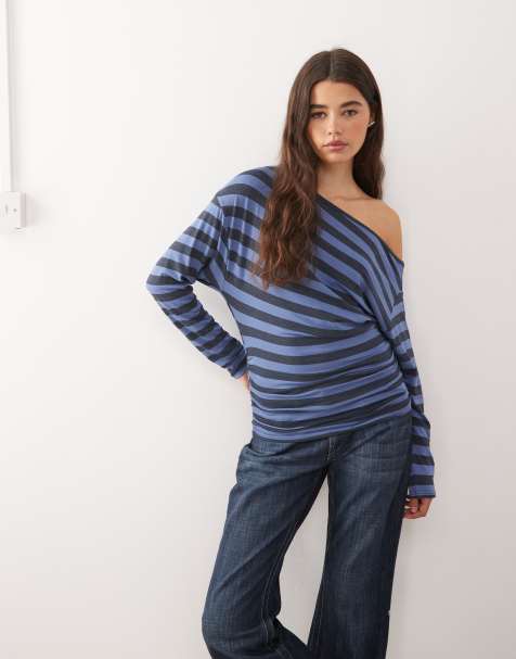 COLLUSION off shoulder long sleeve stripe top in blue - view 1