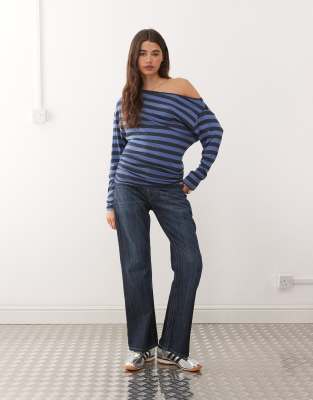 Collusion Off-shoulder Long Sleeve Stripe Top In Blue