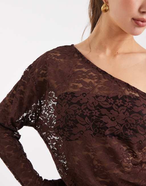 COLLUSION off shoulder long sleeve top in chocolate lace, 3 of 4