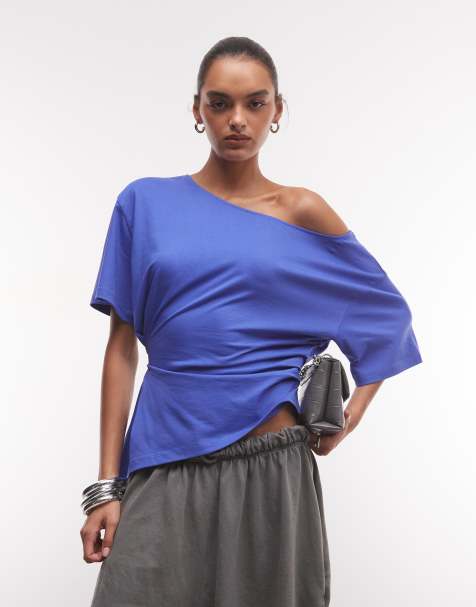 COLLUSION off shoulder ruched top in cobalt blue