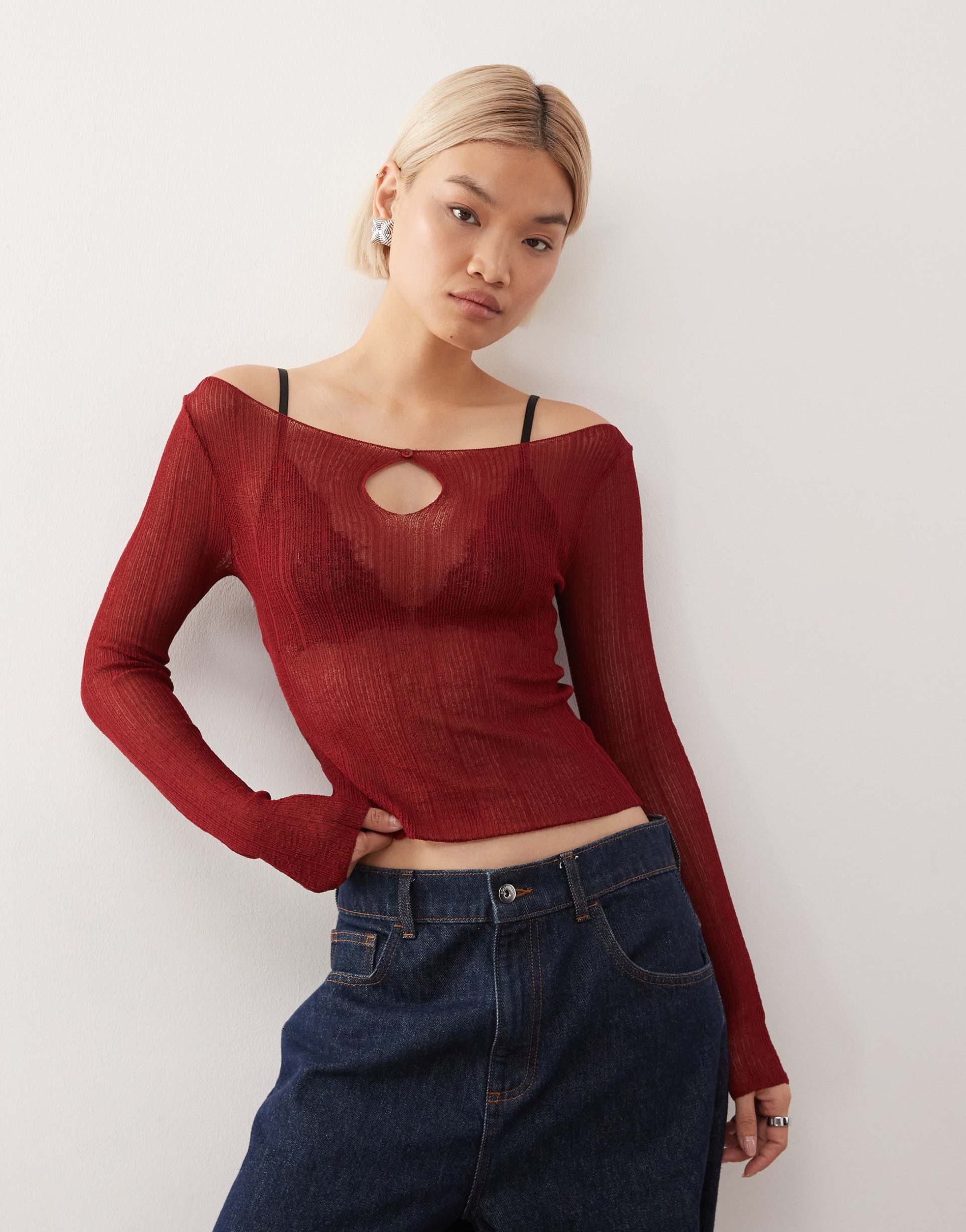 collusion off-shoulder sheer long sleeve top with keyhole detail