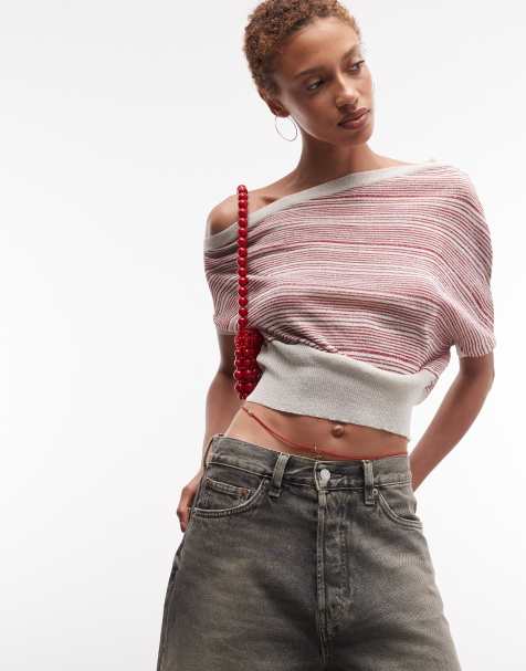 COLLUSION off shoulder shimmer stripe top in red and cream - view 1